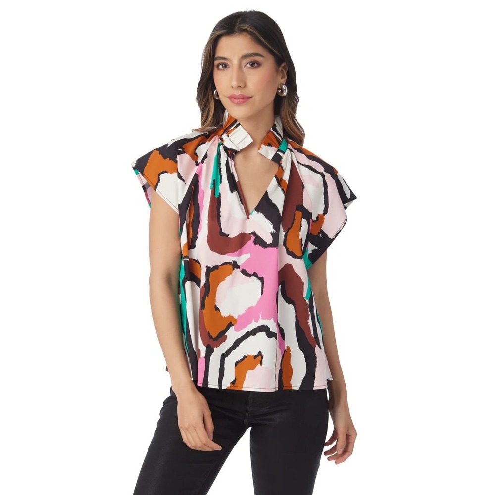 Crosby by Mollie‎ Burch Abstract Print Ruffle Collar Wilkes Blouse Top Medium